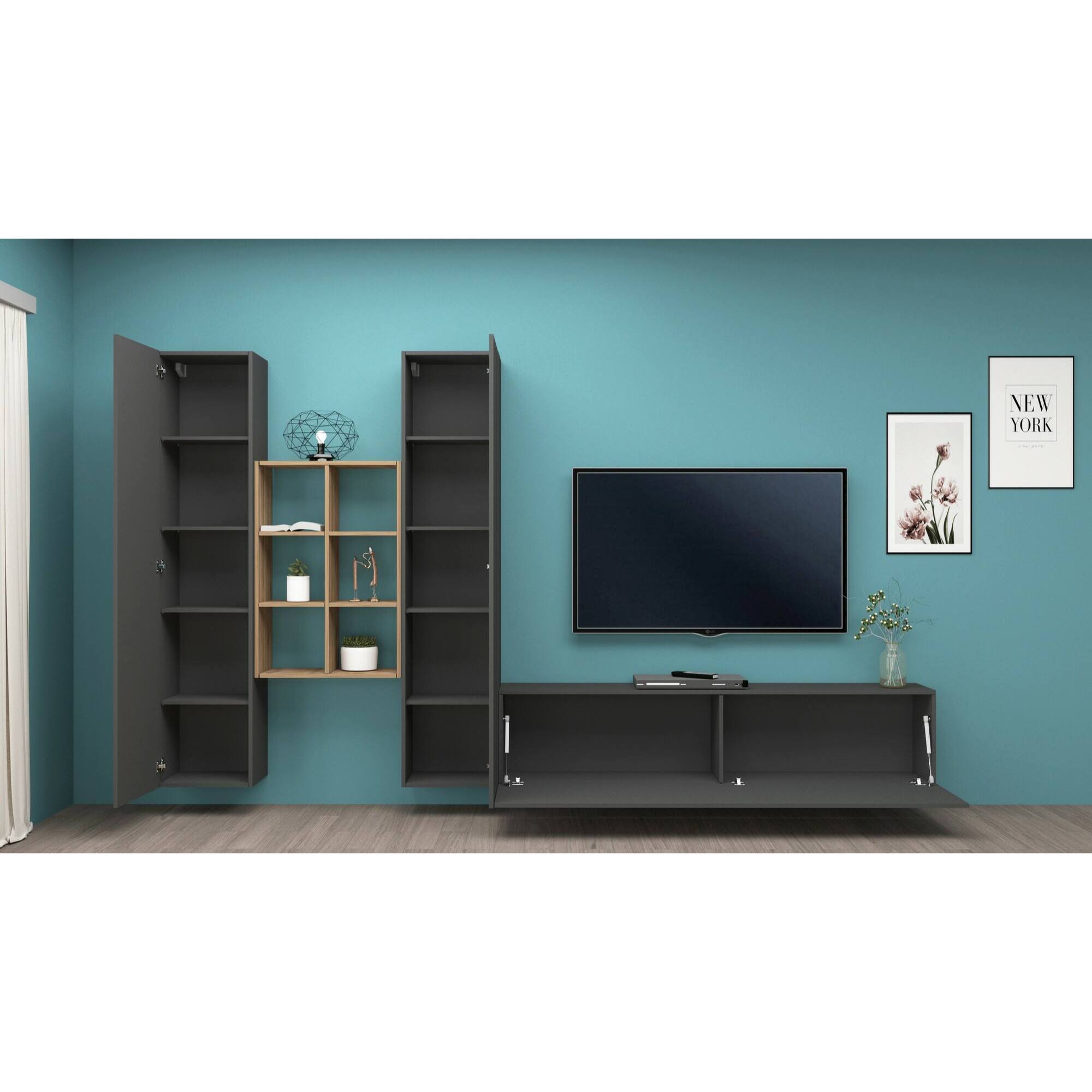 Parete attrezzata Emiliano, Set salotto porta TV a 3 ante, Mobile soggiorno multiuso, 100% Made in Italy, cm 320x30h180, Antracite e Acero