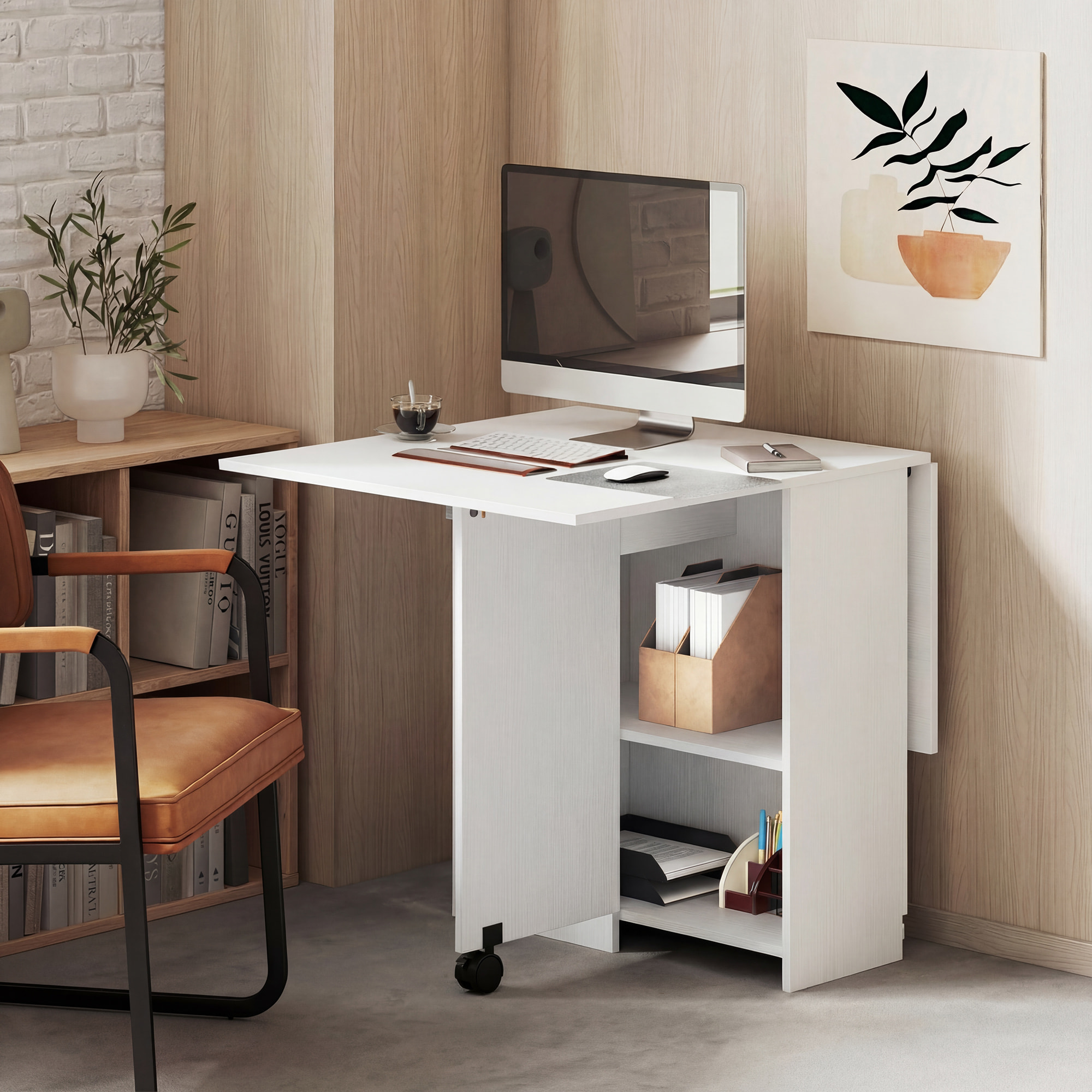 Table à manger pliable extensible 4 personnes - 2 abattants, 2 étagères, tiroir, roulettes - aspect bois blanc