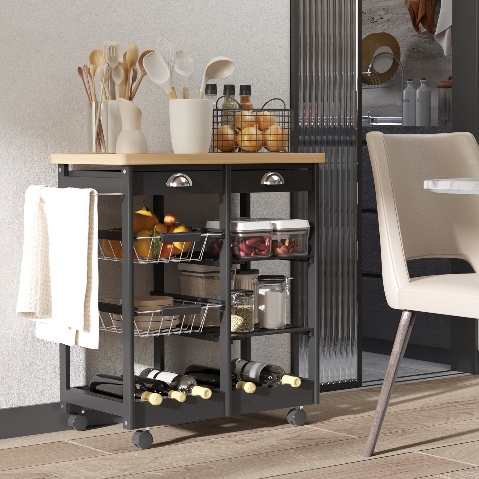 Chariot de service desserte de cuisine à roulettes multi-rangements 74L x 37l x 76H cm plateau bois massif pin châssis MDF noir