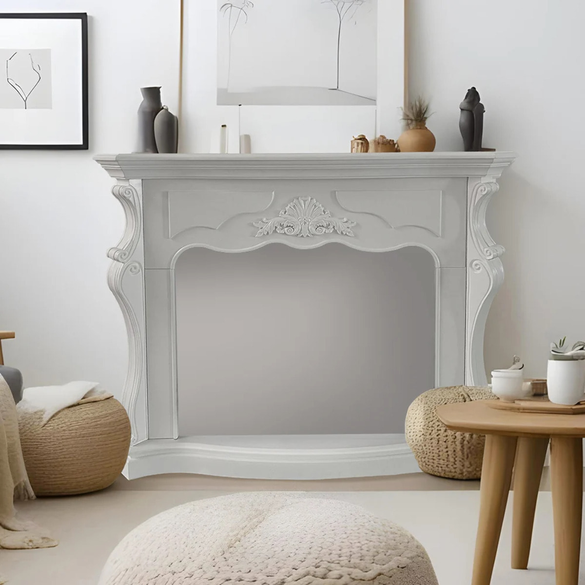 Parigi - Cornice per Camino 123x100x39 cm Rivestimento Decorativo in Legno MDF Bianco