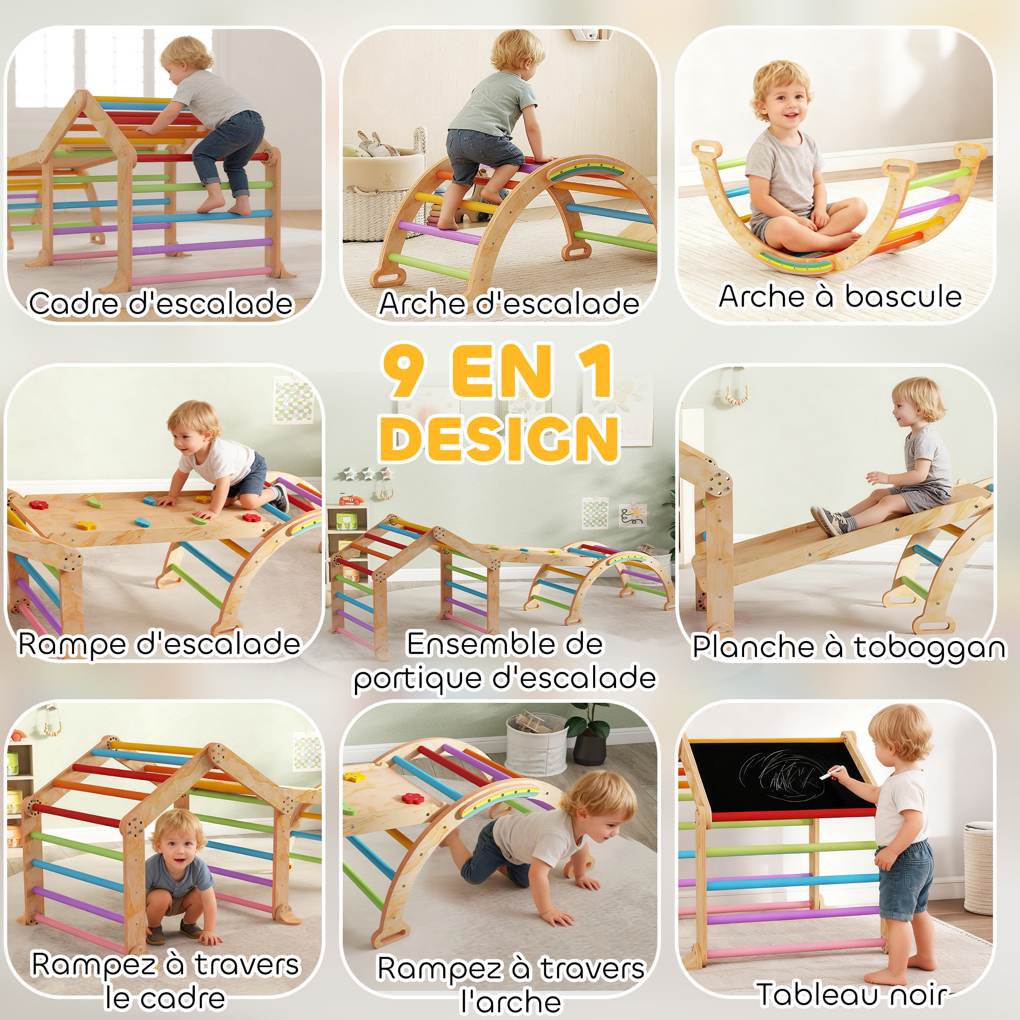 Triangle d'escalade enfant pliable 9 en 1 - aire de jeu enfant - bois naturel multicolore