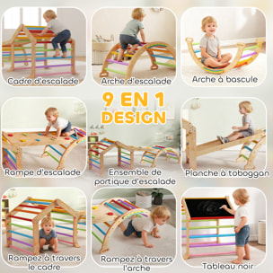 Triangle d'escalade enfant pliable 9 en 1 - aire de jeu enfant - bois naturel multicolore