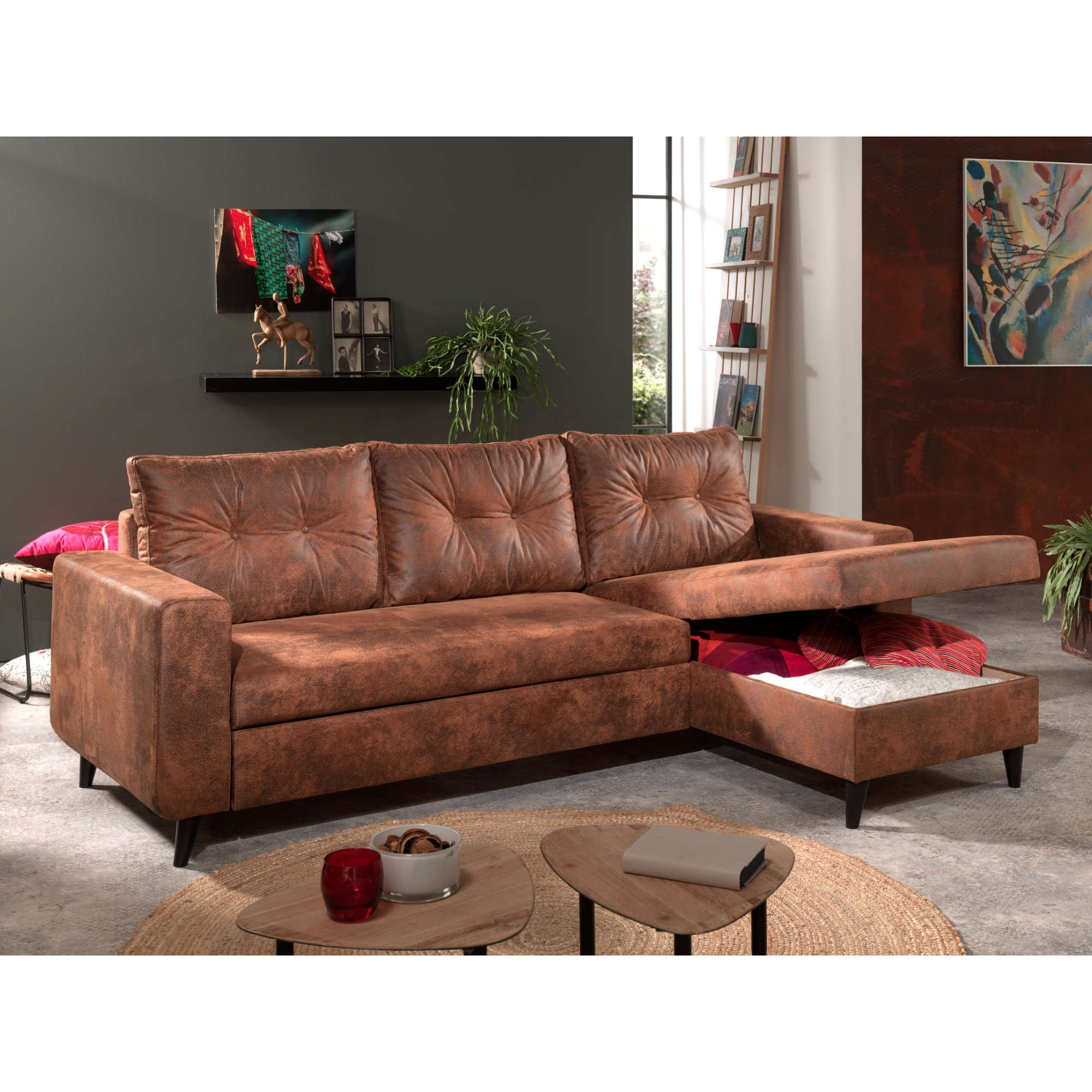 NORDIC - Canapé d'angle réversible - 4 places - Convertible - Industriel vintage - Marron