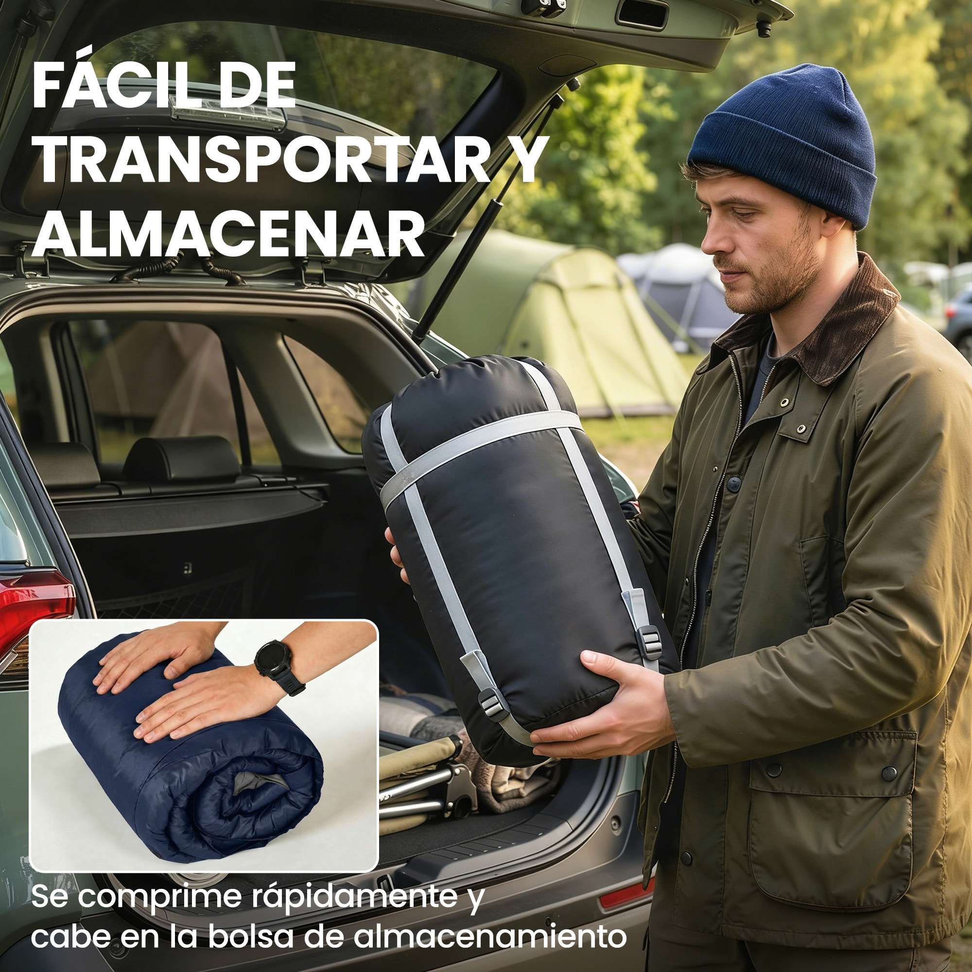 Saco de Dormir Doble Adulto, Ligero, Tamaño Queen para 2 Personas 3 Estaciones, Saco de Dormir Rectangular con 2 Almohadas y Bolsa Transporte, para Días Fríos, Acampar, Senderismo Azul Oscuro