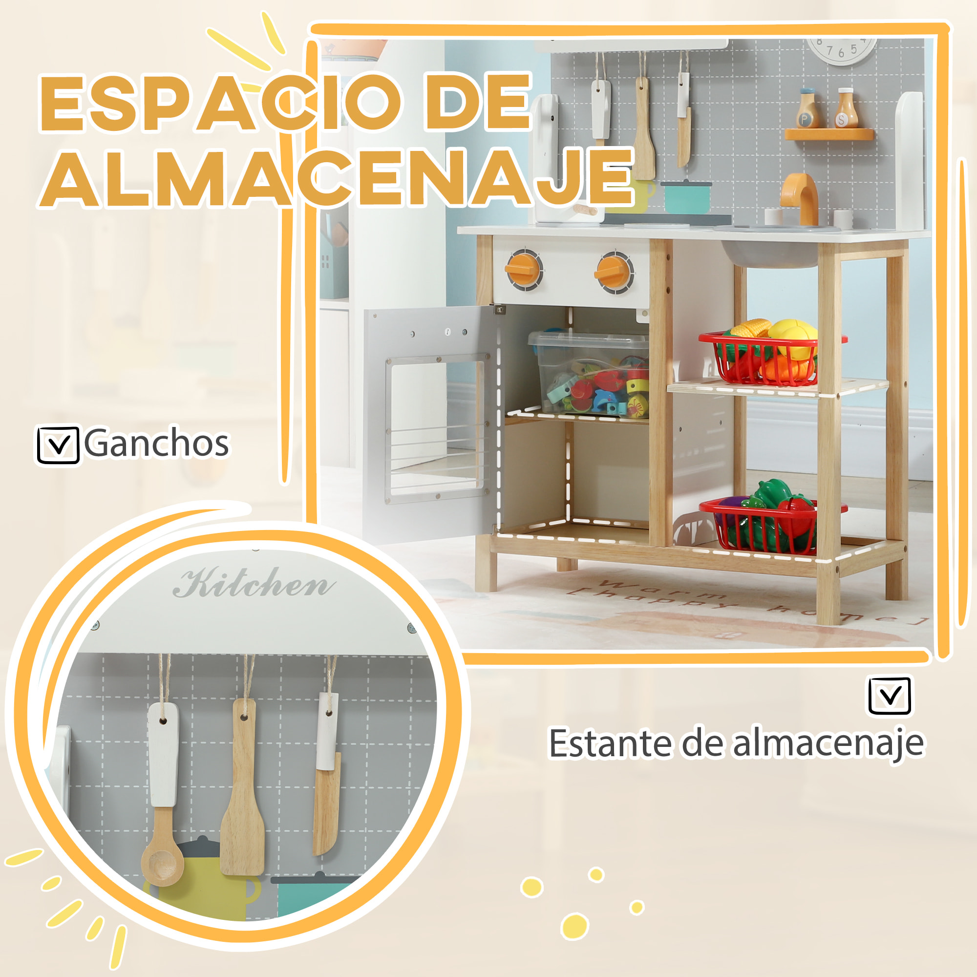 Cocina de Juguete para Niños +3 Años Cocinita Infantil Cocinita de Madera Infantil con Sonido Fogón Horno Grifo Fregadero y Accesorios de Cocina Gris