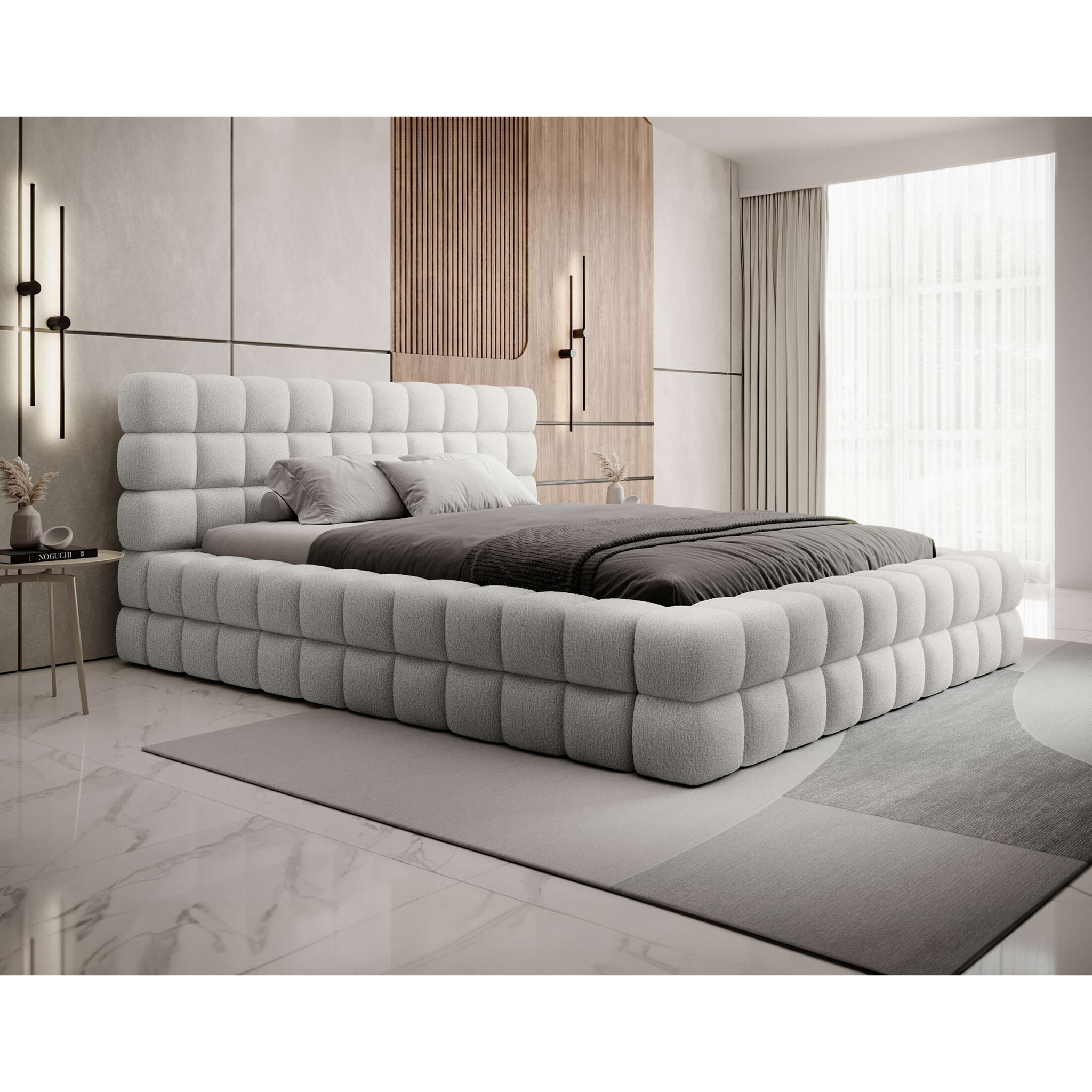 Kingston - lit coffre - 160x200 - sommier inclus - en tissu bouclette - Blanc