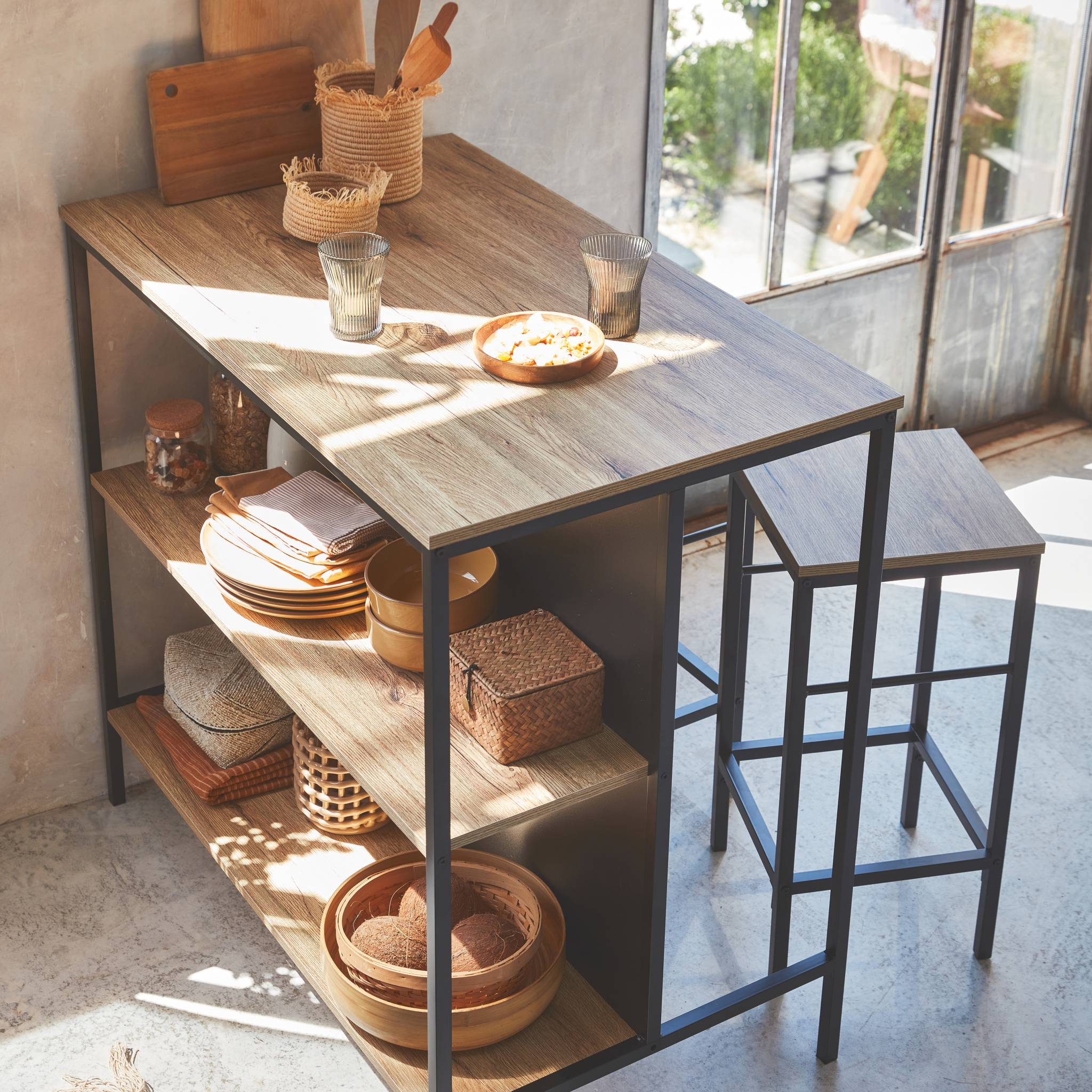 Table haute deux tabourets et deux étagères décor bois et métal. loft. L 100 x P 60 x H 95cm