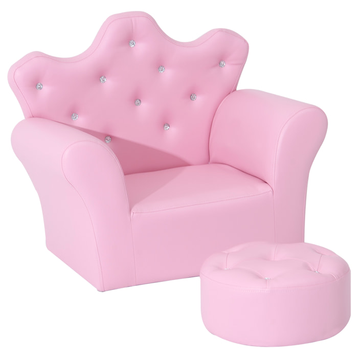 Sofá para Niños con Reposapiés Sillón Infantil Decorativo con Respaldo Alto en Forma de Corona y Reposabrazos Acolchado 58x40,5x49 cm Rosa