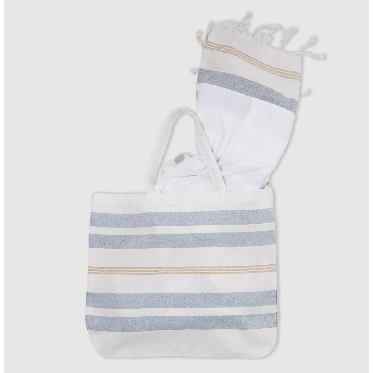 Pack bolso + toalla pareo algodón raya velour azul agua