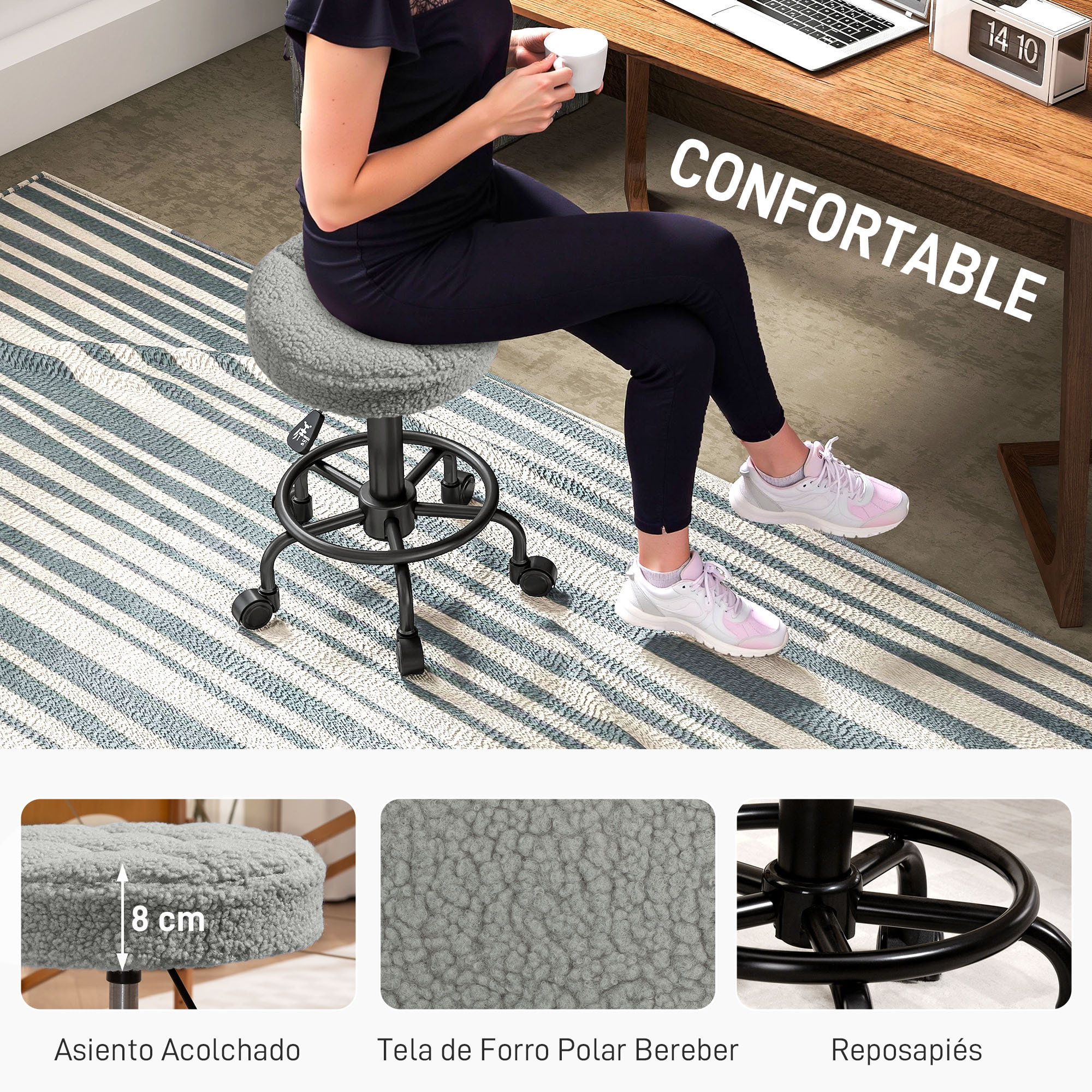 Taburete Giratorio Redondo Taburete con Ruedas Altura Regulable 50-66 cm Asiento Tapizado en Tejido de Borreguito para Salones Talleres Spa Masaje Gris