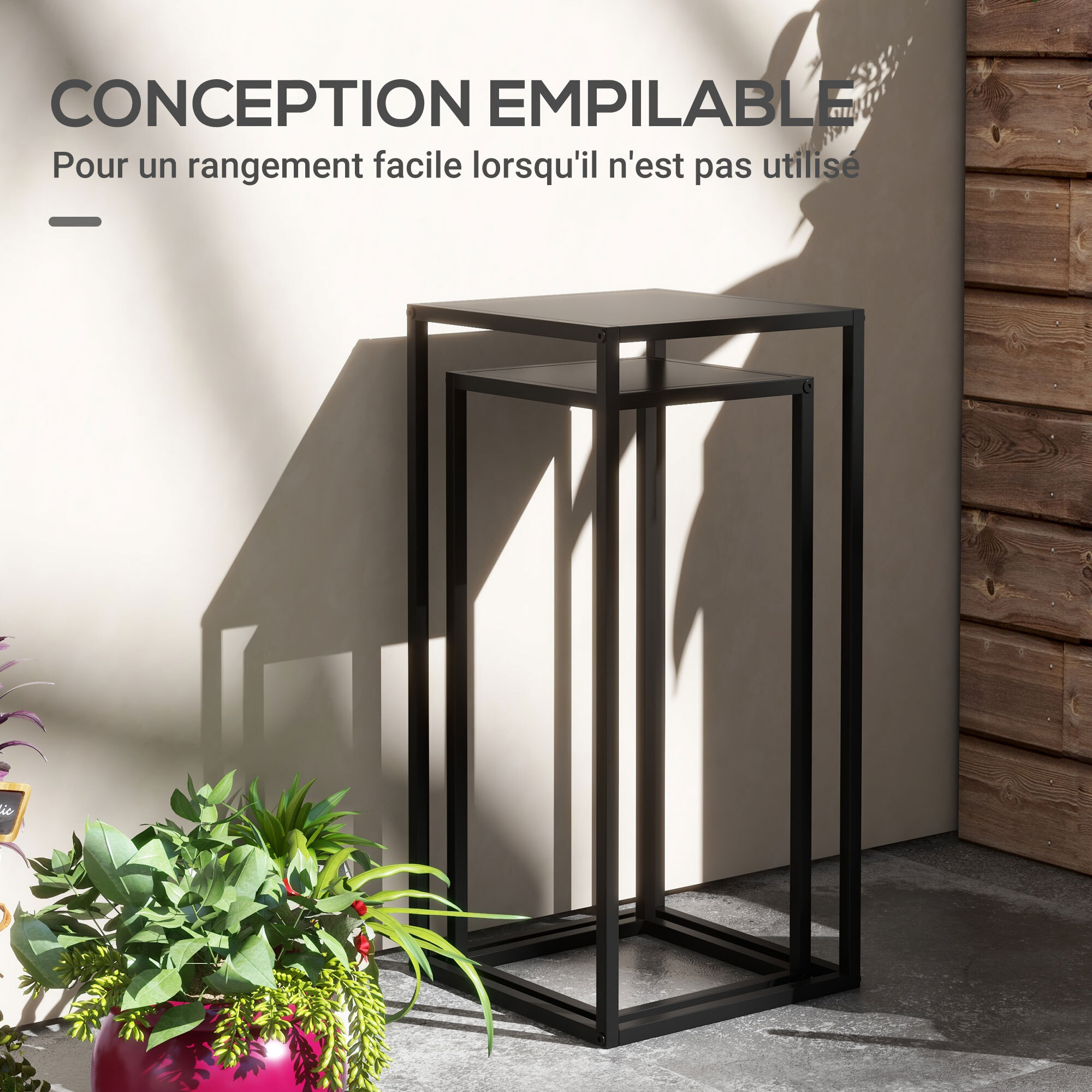 Support pots de fleurs 2 pièces - lot de 2 étagères à fleurs - portes plantes - acier époxy noir