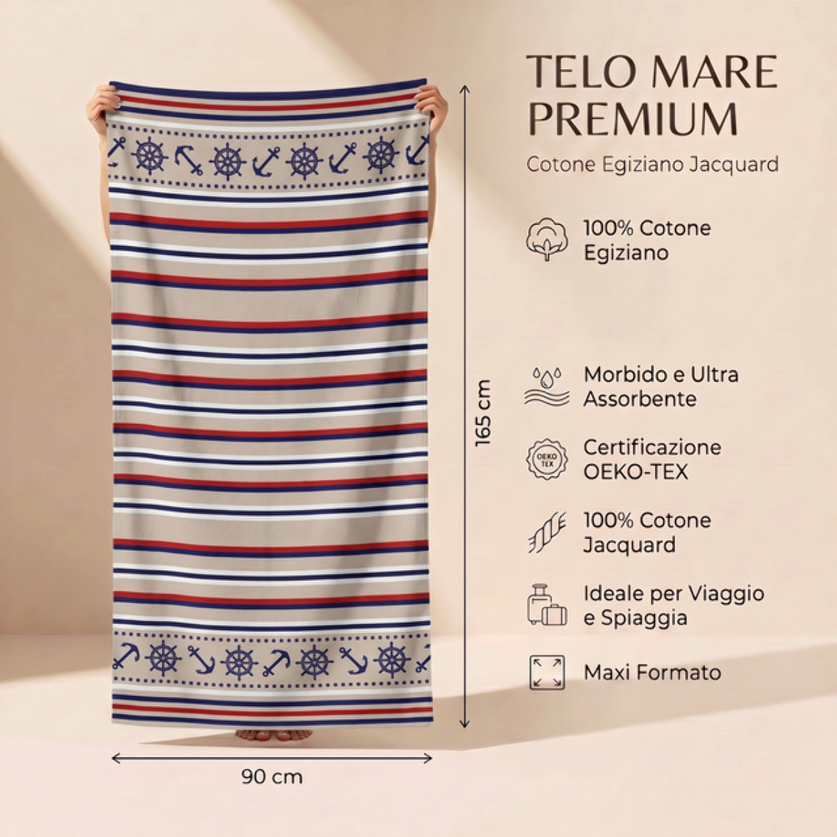 Telo mare in spugna jacquard, 90x165 cm, 100% cotone egiziano, morbido e super assorbente, design nautico elegante con righe marine e ancore, resistente e certificato OEKO-TEX, ideale per mare piscina spa e barca
