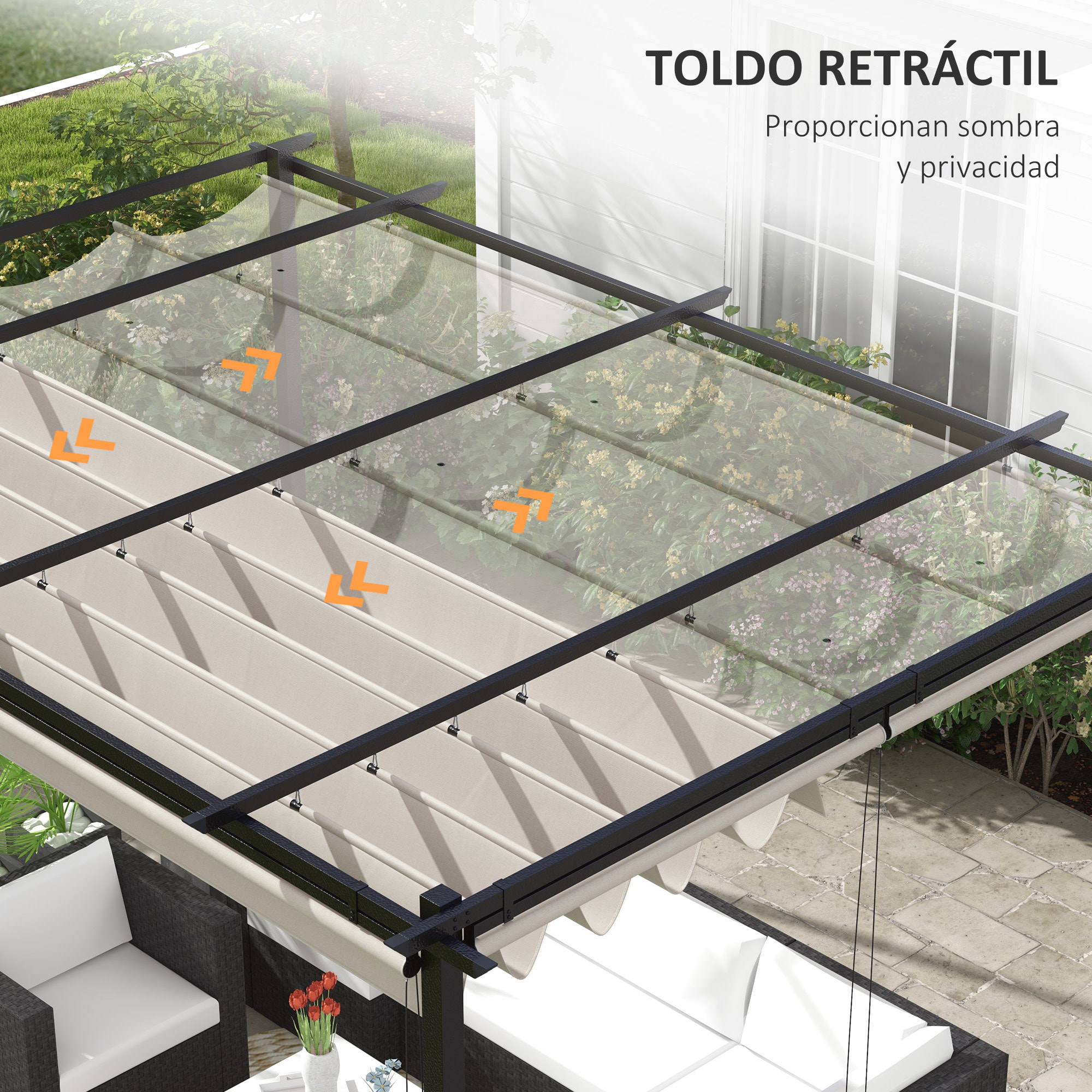 Pérgola de Jardín 4x3 m Cenador para Exterior con Techo Retráctil 4 Cortinas Enrollables de Poliéster y Marco de Metal para Patio Terraza Crema
