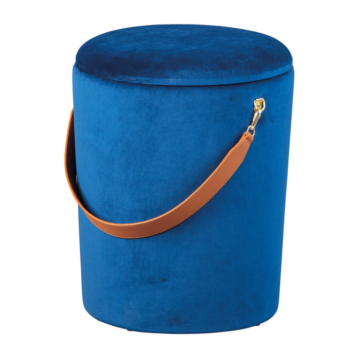 Pouf secchiello contenitore in velluto e maniglia in ecopelle, colore blu, cm 35x35x45