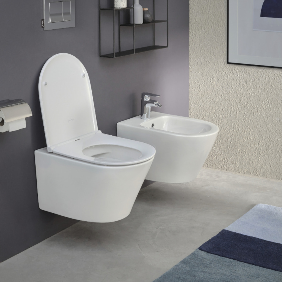 Pack WC suspendu sans bride Rodin+ avec abattant + bâti support + plaque blanche + tabouret blanc