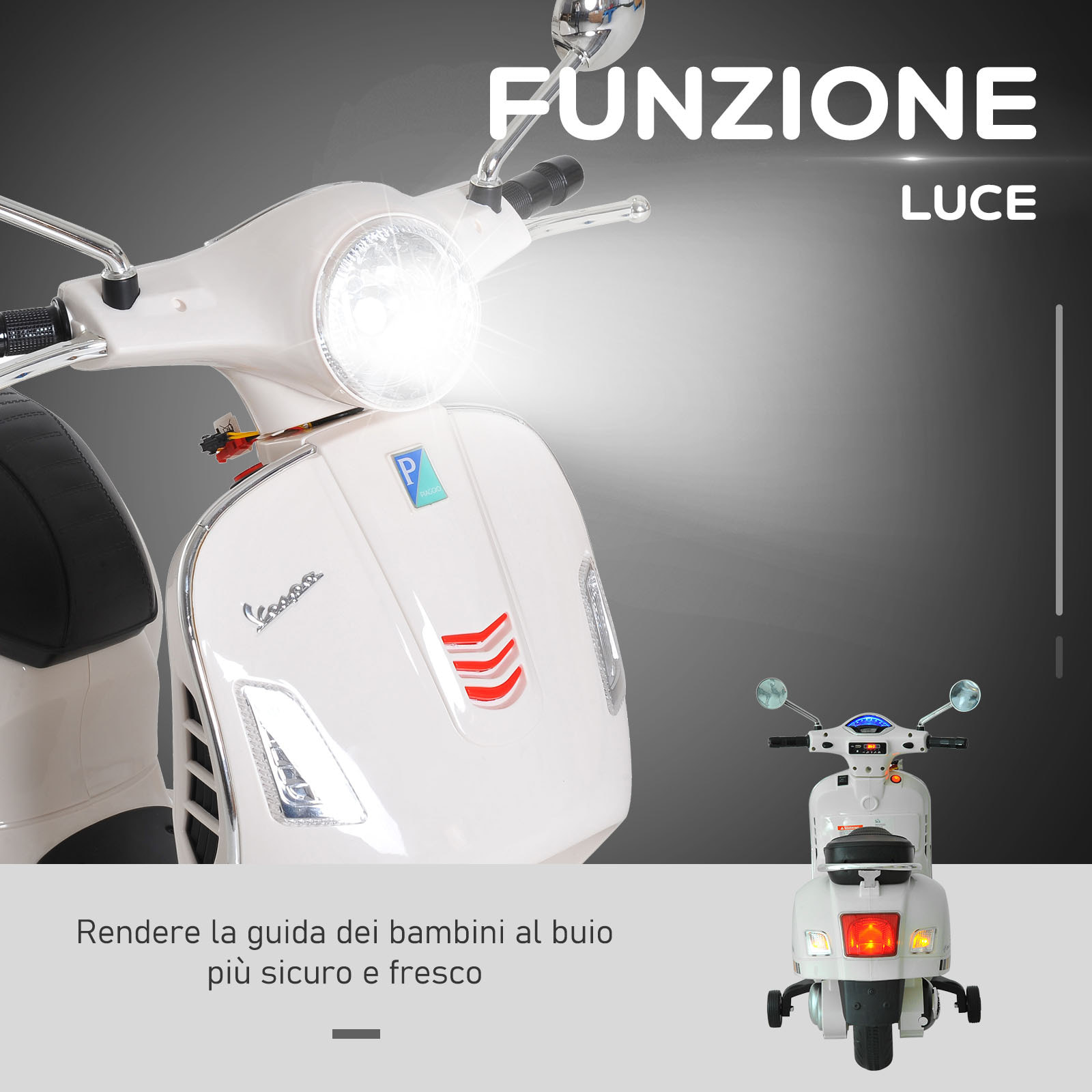 HOMCOM Moto Elettrica per Bambini Design Vespa, Batteria 6V con Suoni e Luci, Età 3-6 Anni, Bianco