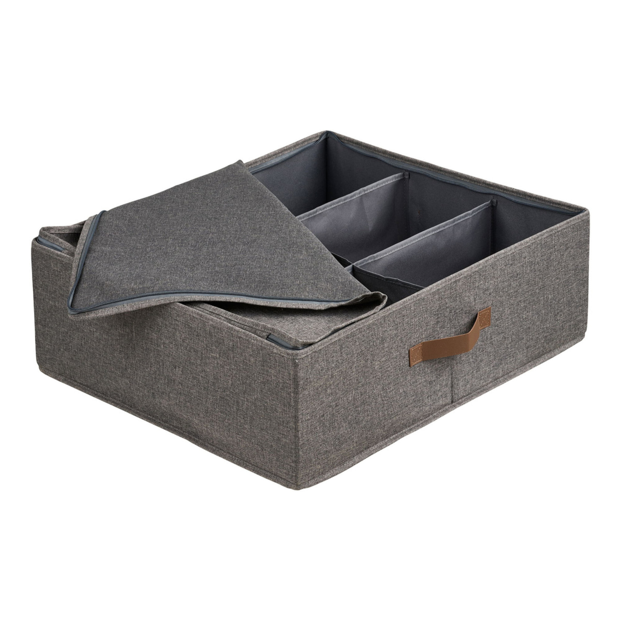 Scatola portaoggetti Noto in tessuto grigio scuro con coperchio e manico 56×47×18 cm