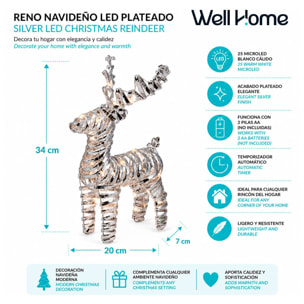 Reno navideño led plateado con 25 microled blanco cálido, con temporizador 20x7x34 cm