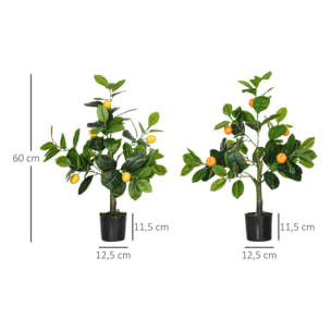 Juego de 2 Plantas Artificiales Decorativas Limonero y Naranjo de 60 cm con Maceta Plantas Sintéticas para Decoración del Hogar Verde