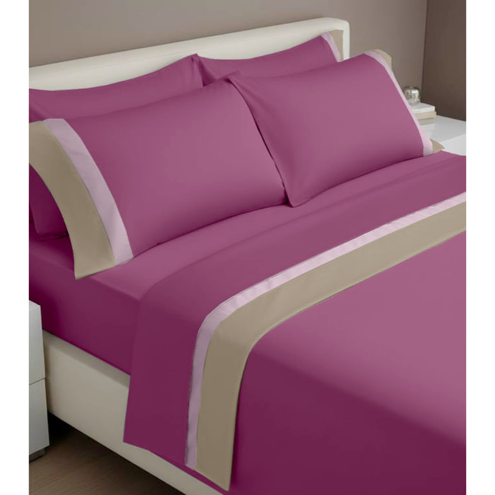 Completo letto doppia balza RASO IPERSAN Puro Cotone Panna/Malva fondo Prugna