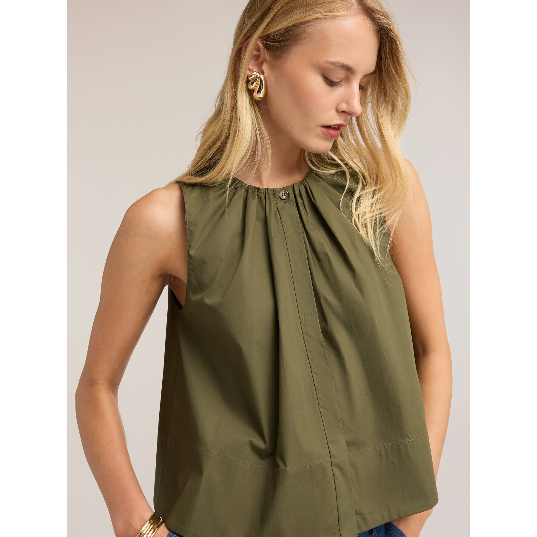 Motivi - Blusa de popelín con drapeado - Verde militare