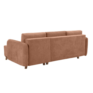 Canapé d'angle convertible et réversible 3-4 places en tissu effet velours terre brûlée et bois clair ROMANE