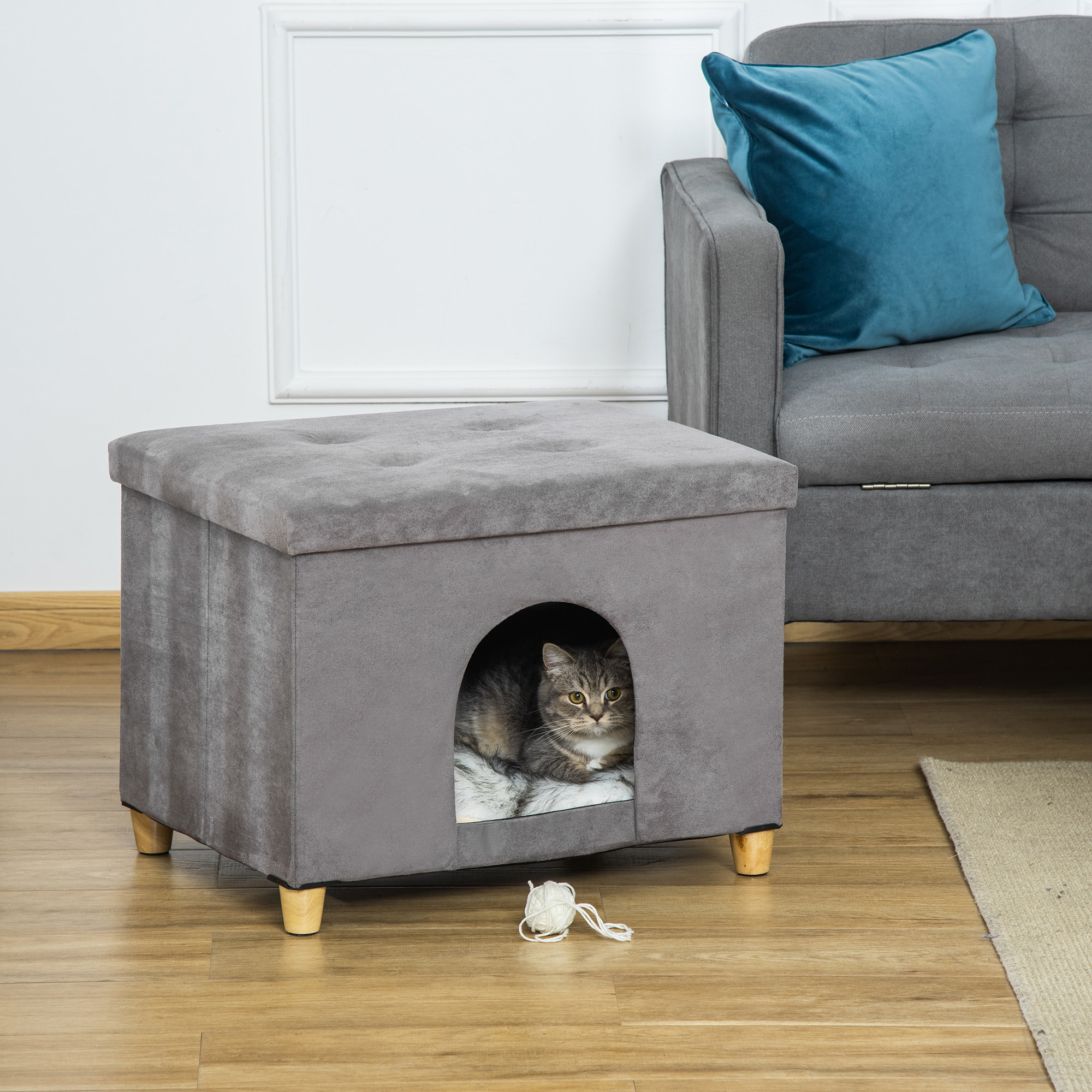 Niche chat maison de chat sur pied repose-pied 2 en 1 - coussin inclus - pliable - MDF peluche suédé gris