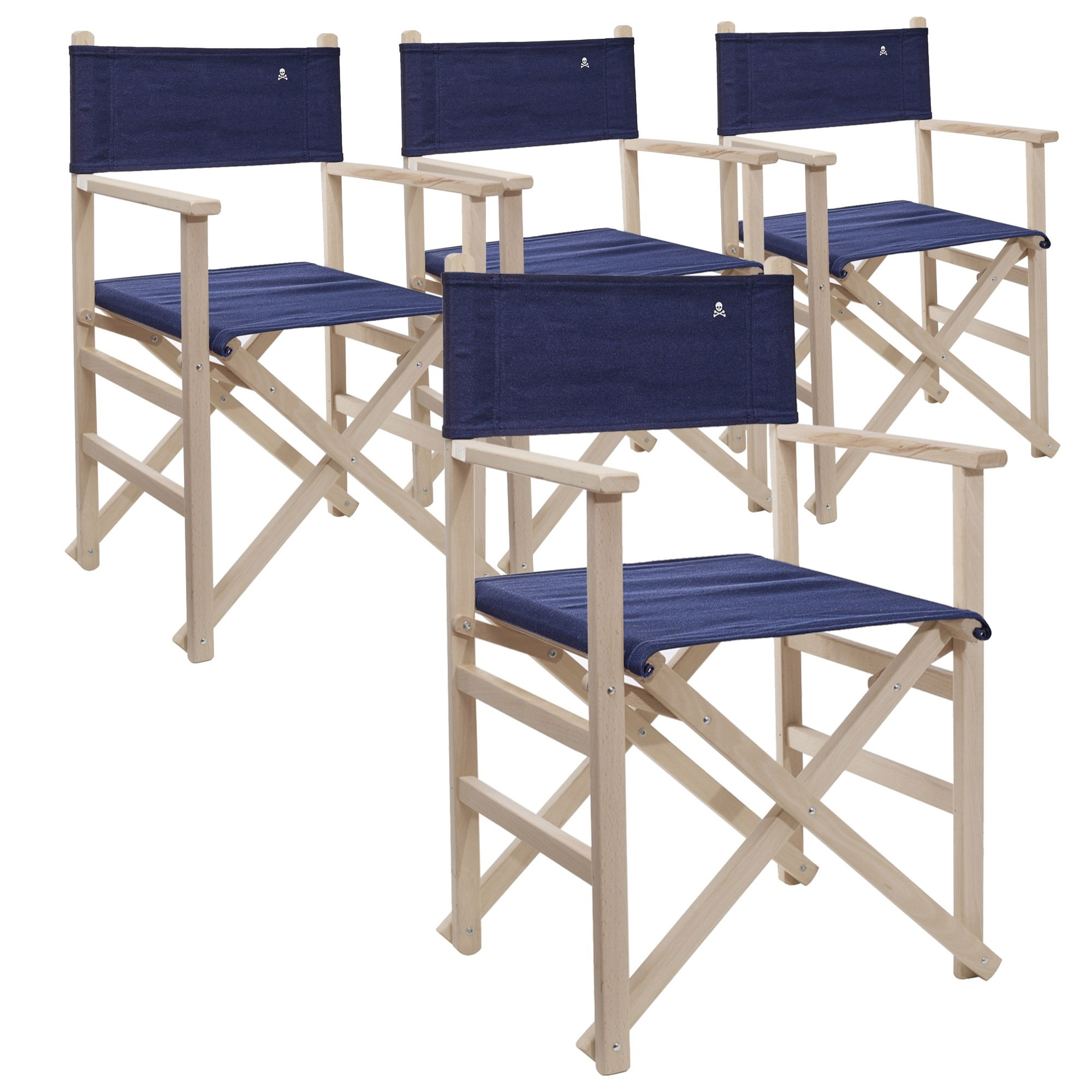 Set de 4 sillones director plegables estructura sin barniz y lona color azul oscuro