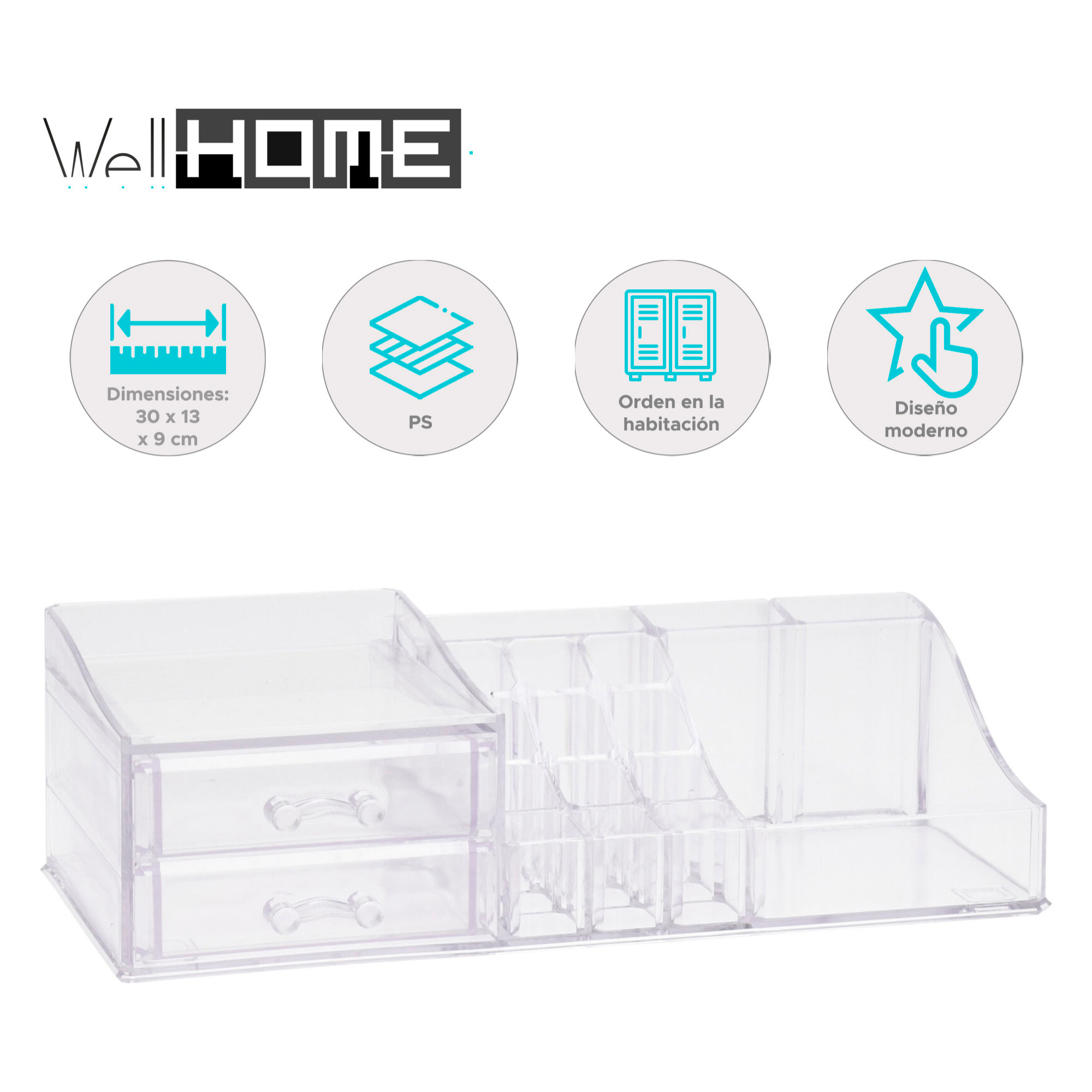 Organizador de maquillaje con cajones - material ps, dimensiones 30x13x9cm - peso 665g