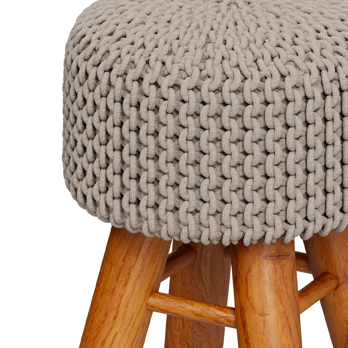 Petit tabouret rond en tricot coton gris clair et pieds en bois - Lisa