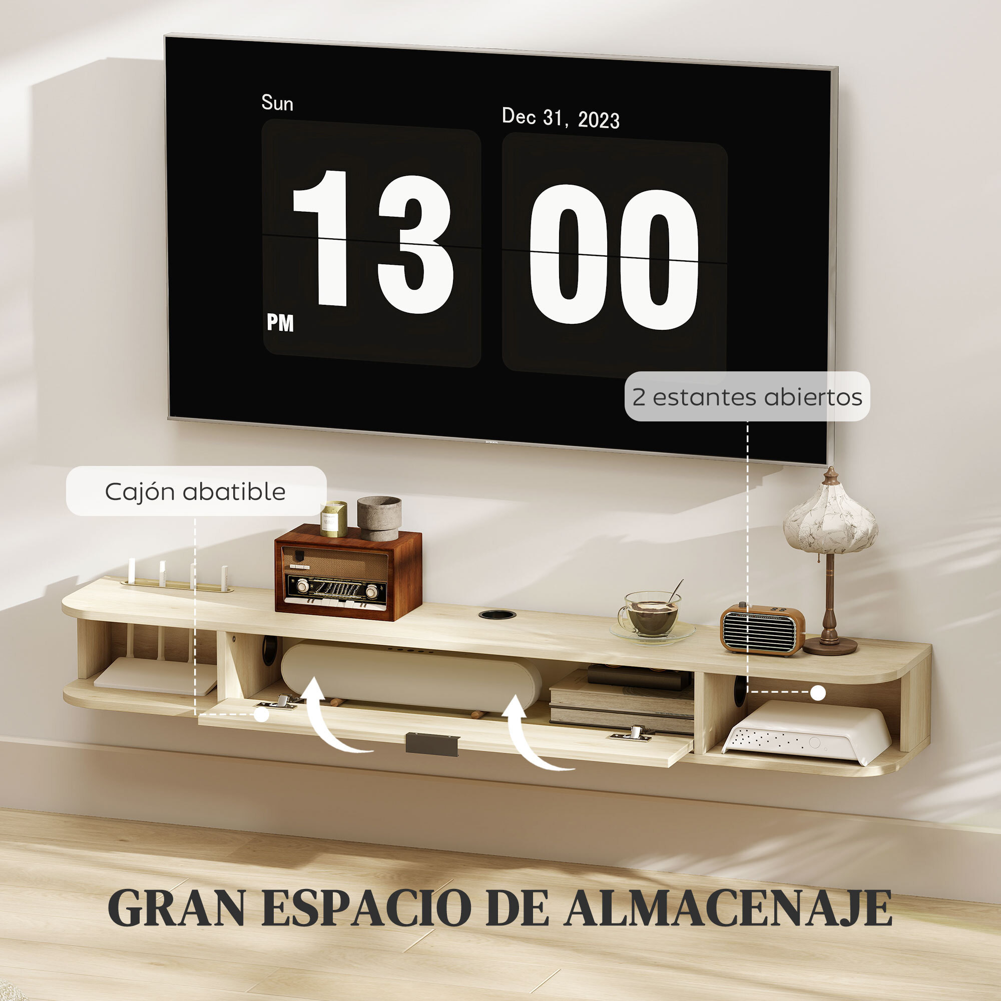 Mueble de TV Suspendido, Mueble de TV para Salón con Cajón Abatible, 2 Estantes Abiertos, Gestión de Cables, Estilo Moderno, para Televisión 60 Pulgadas, 140x24x16 cm, Madera Natural