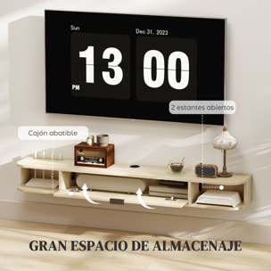 Mueble de TV Suspendido, Mueble de TV para Salón con Cajón Abatible, 2 Estantes Abiertos, Gestión de Cables, Estilo Moderno, para Televisión 60 Pulgadas, 140x24x16 cm, Madera Natural