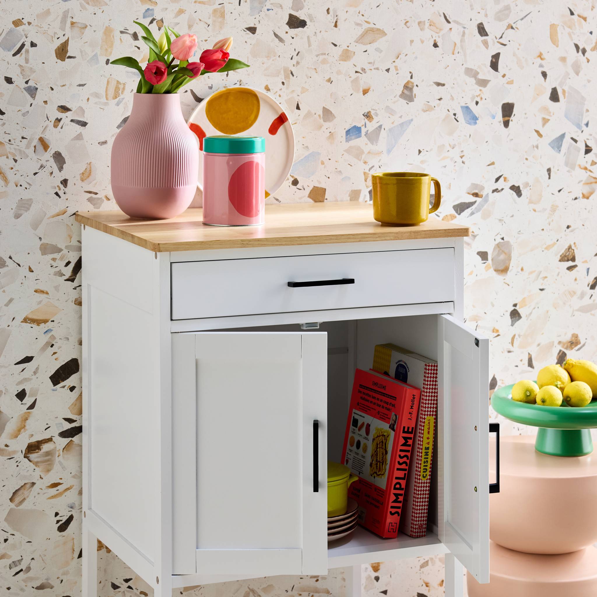 Desserte de cuisine plateau bois d'hévéa L56cm BENDOR