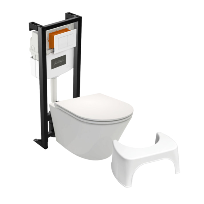 Pack WC suspendu sans bride Rodin+ avec abattant + bâti support + plaque blanche + tabouret blanc