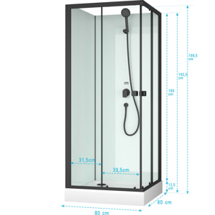 Cabine de douche carrée 80x80x200 cm - Portes coulissantes - Fonds Blancs & Profilés Noir Mat