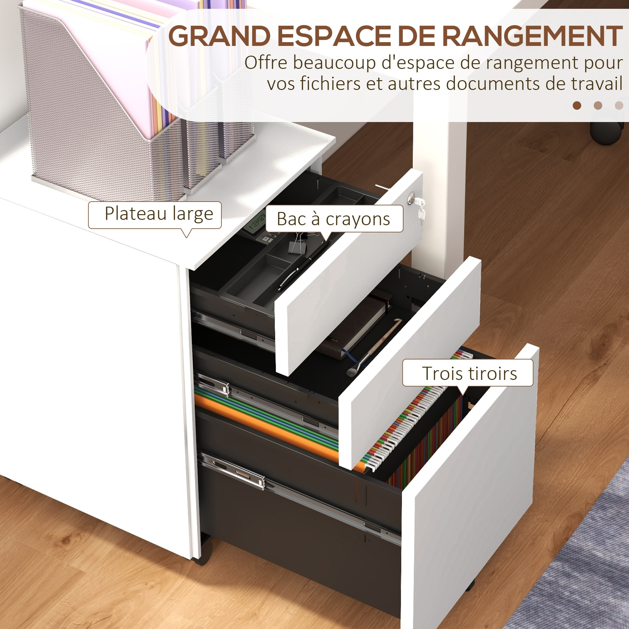 Caisson de bureau rangement bureau sur roulettes 3 tiroirs coulissants verrouillables trieur à dossiers acier blanc