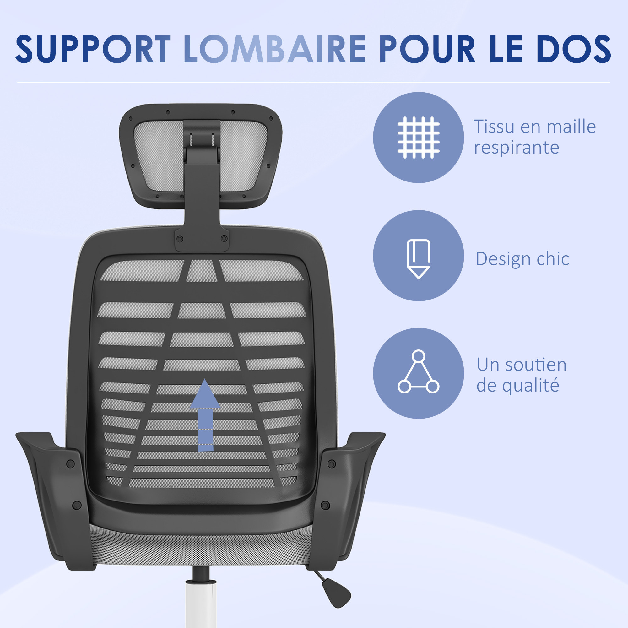 Chaise de bureau ergonomique - appui-tête réglable, soutien lombaire, hauteur réglable, pivotante - polyester bleu