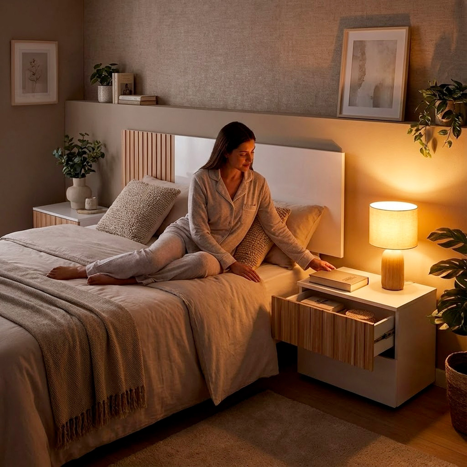 Testiera Letto Matrimoniale Da 160 Cm Con 2 Comodini A 2 Cassetti Set Camera Da Letto Moderno Con Fissaggio A Parete Design Bianco E Legno Naturale
