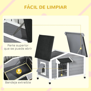 Caseta para Perros de Madera 97x72x65 cm Casita para Mascotas con Techo Asfáltico Abatible 2 Ventanas Puerta con Cortina y Base Extraíble Gris