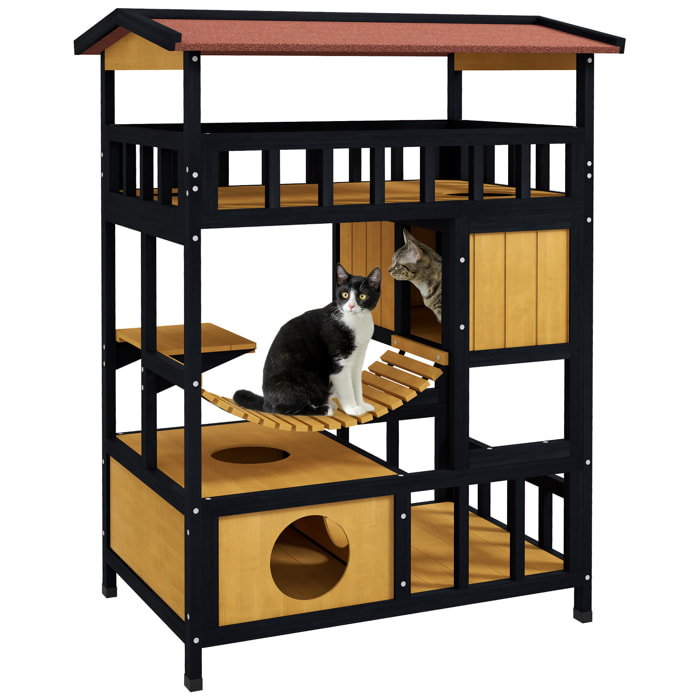 PawHut Caseta para Gatos de Madera 84x60x116 cm Casa para Gatos de 4 Niveles Refugio para Gatos con Puente Colgante Balcón y Techo Asfáltico Natural