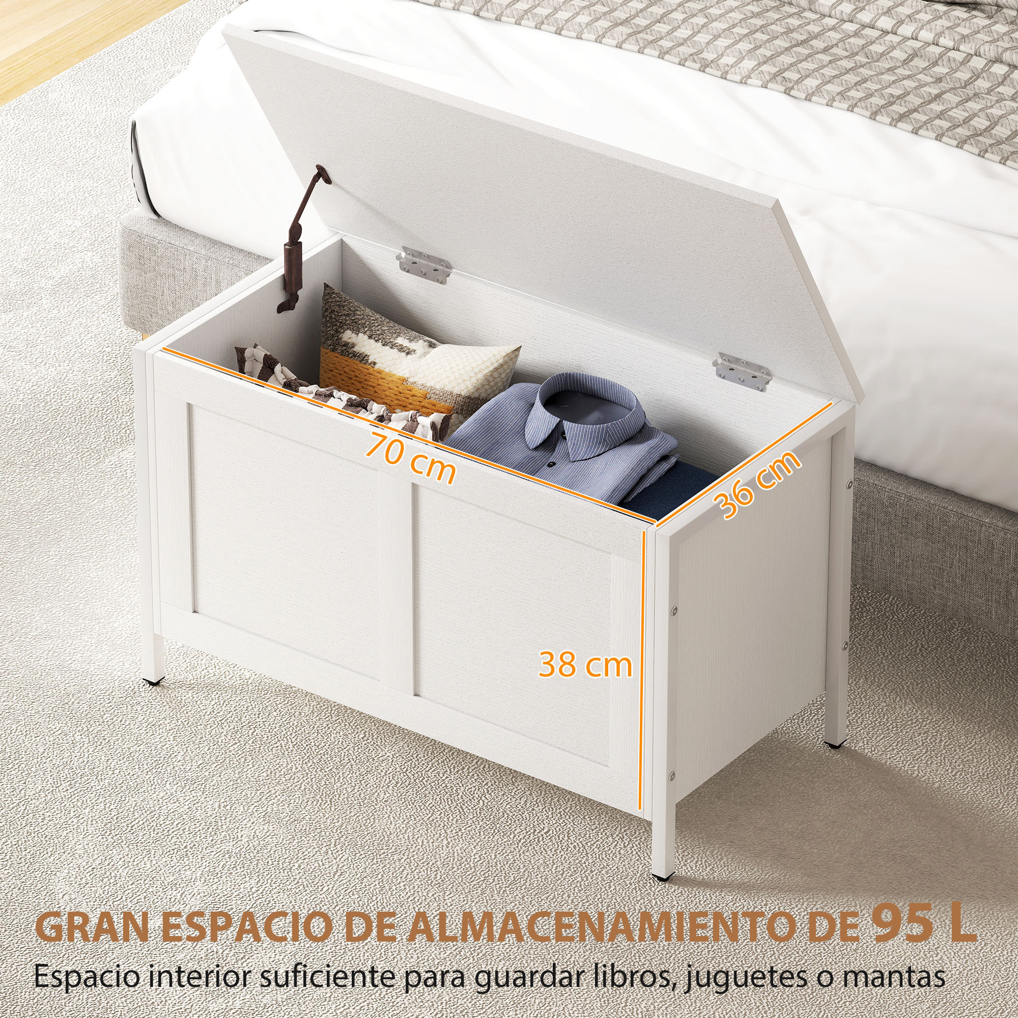 Baúl de Almacenaje para Dormitorio 95 L Banco de Almacenaje con Tapa Bisagra de Seguridad para Pasillo Salón 80x40x50 cm Blanco Veteado