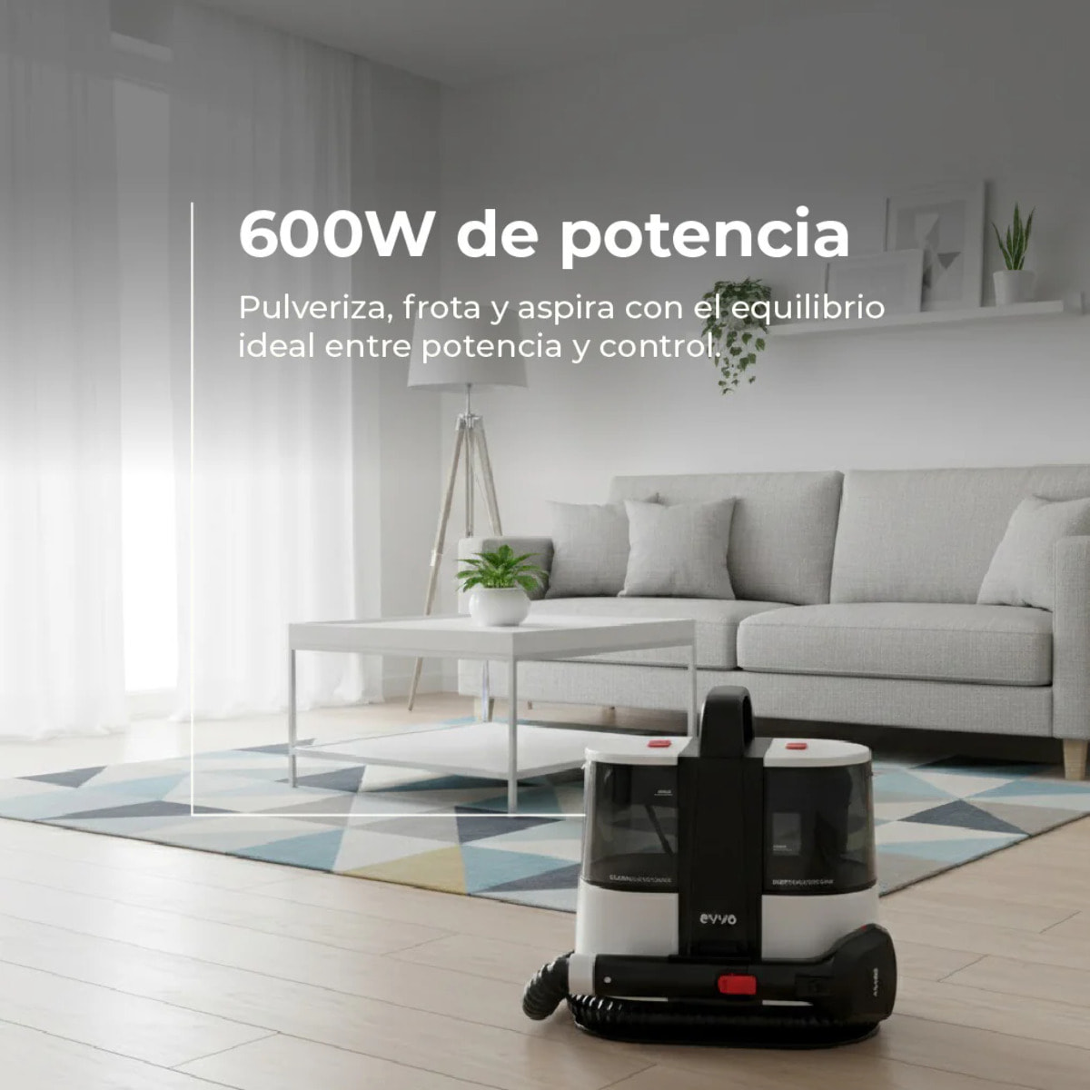 Limpiatapicerías EVVO AM65, 600W, Depósito 1.5L, Accesorios XXL y Ventanas, Doble Depósito