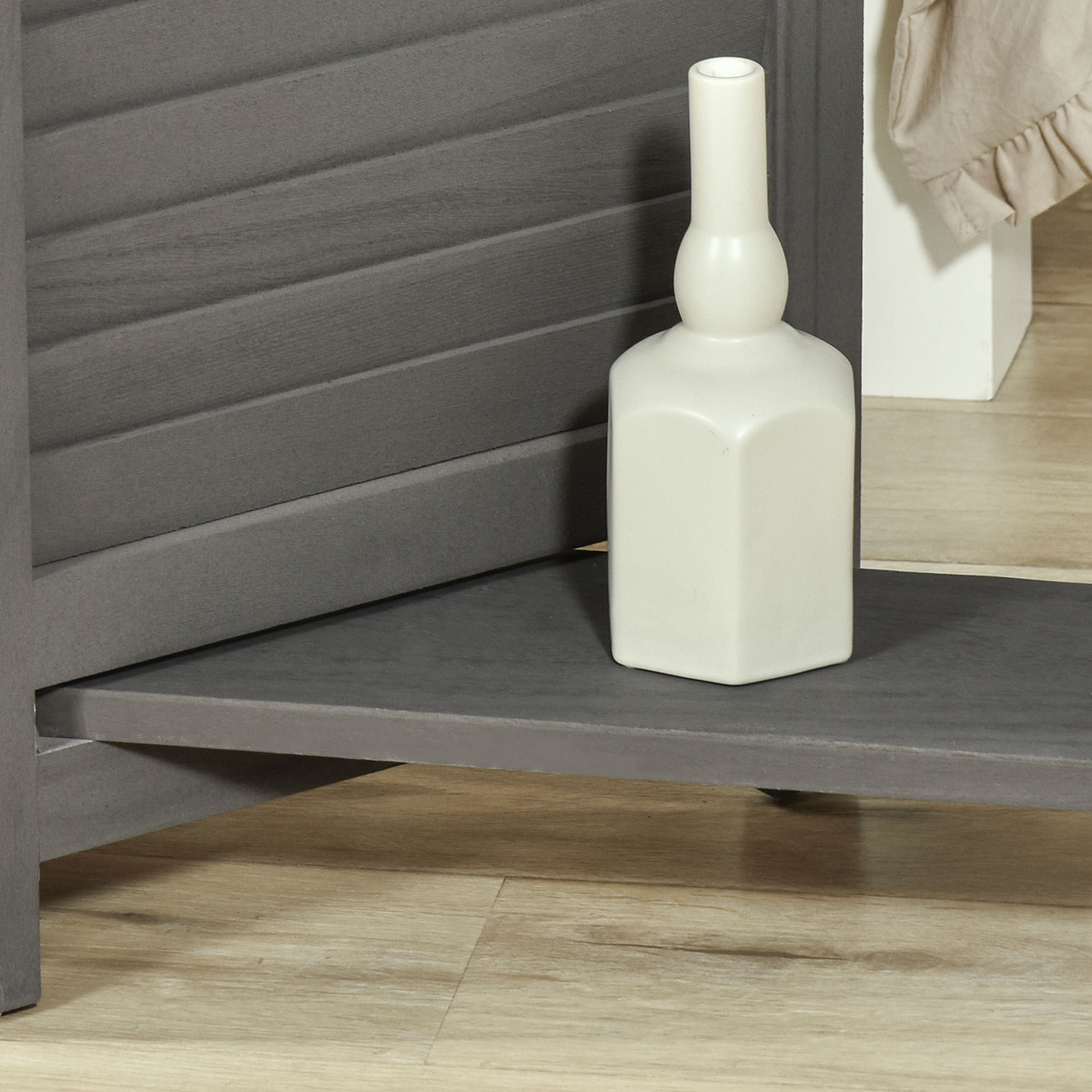 Paravent intérieur 4 panneaux 3 étagères pliables séparateur de pièce portes persiennes bois de paulownia gris
