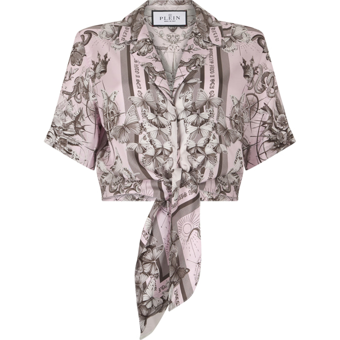 PHILIPP PLEIN Cropped Bow Shirt Butterfly Tattoo