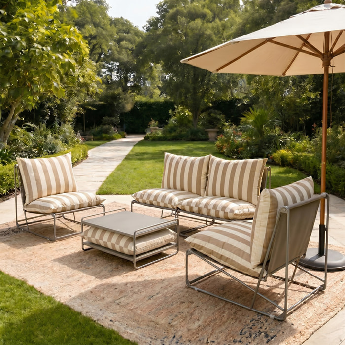 Salon de jardin 4 places à rayures taupe et beige avec table basse ARGOS