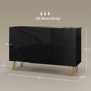 Aparador para Salón Aparador de Entrada con 3 Puertas y Estantes Ajustables Armario de Almacenamiento para Cocina Sala 120x40x75 cm Negro Brillo