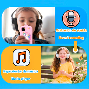 Telefono per bambini con 18 giochi e apprendimento in inglese, con doppia fotocamera e registrazione video. Schermo touch da 2,8". Senza possibilità di SIM o chiamate. Custodia in silicone a forma di dinosauro.