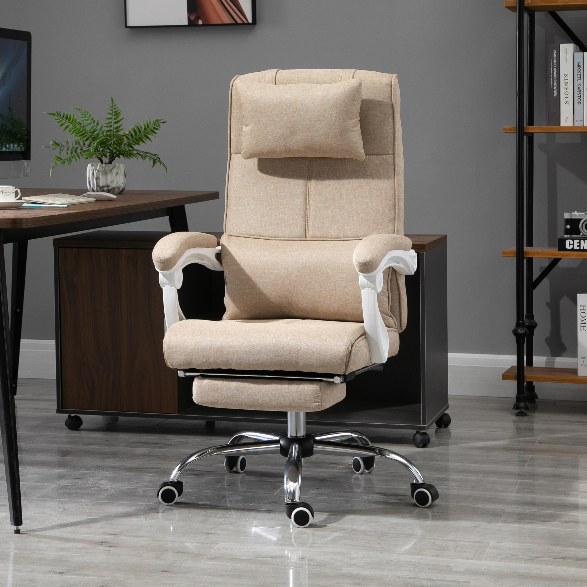 Fauteuil de bureau manager grand confort repose-pied tétière intégrés dossier inclinable lin beige