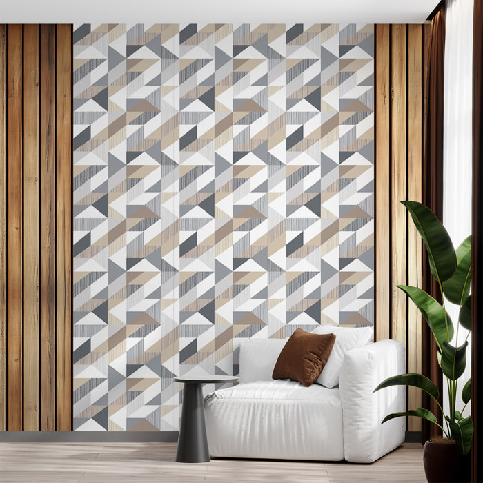 Papier peint intissé pré-encollé - SCANDINAVE GRAPHIQUE BRUN GRIS BLANC - 1 rouleau