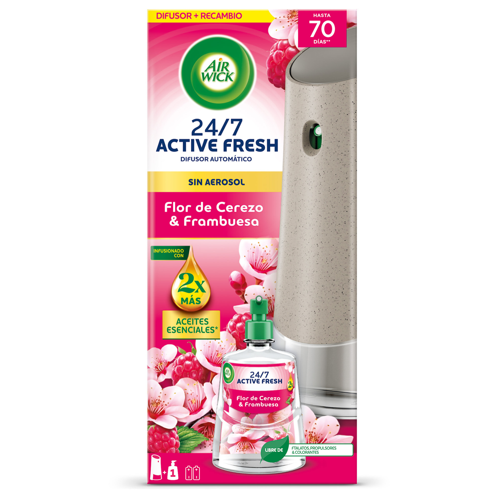 Air Wick Active Fresh Spray Automatico Sin Aerosol - Ambientador para casa con aroma a Flor de Cerezo y Frambuesa - Aparato y recambio